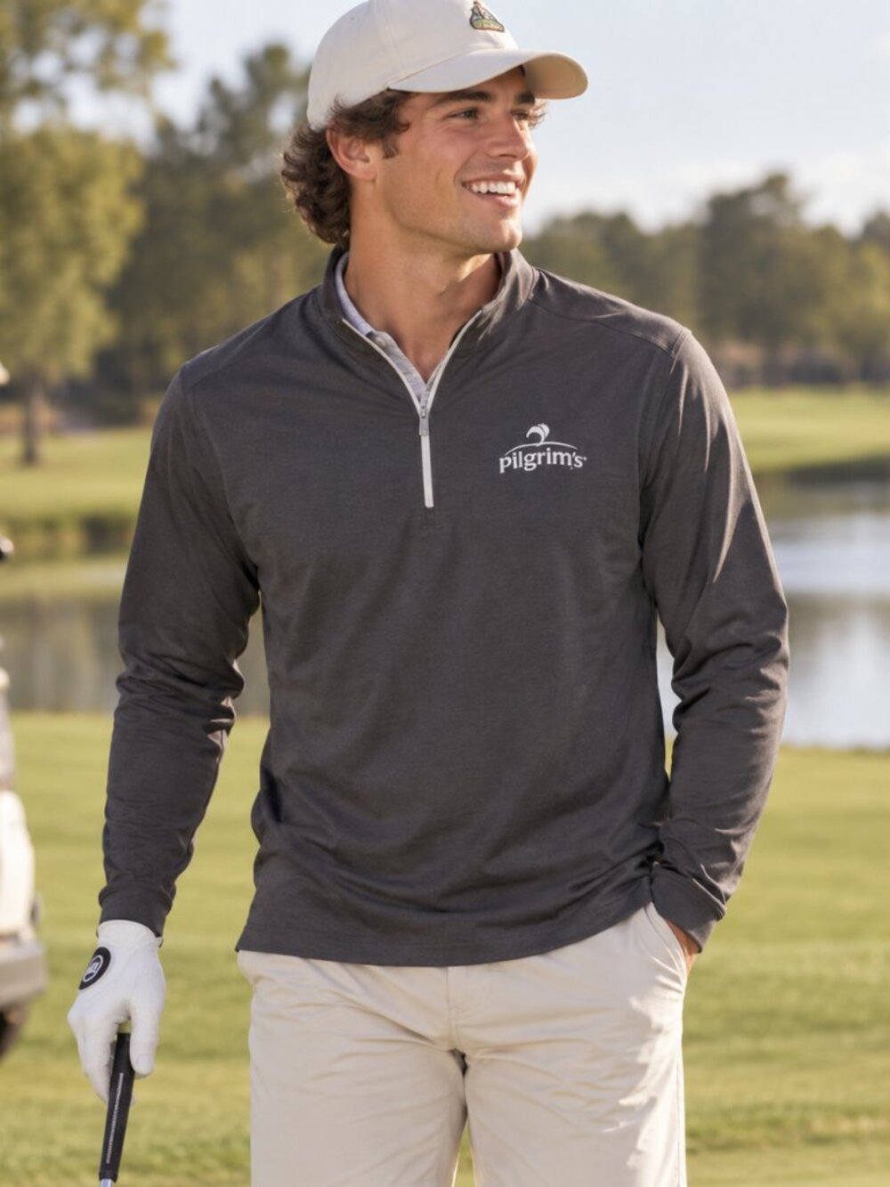 FootJoy Mens L Pilgrims Logo Gray 1/4 Zip Golf Pullover Stretch Performance